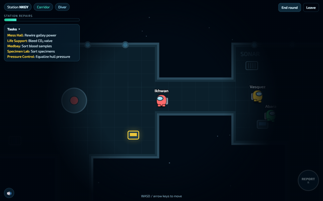 A diver in a corridor with a task list open and bots nearby
