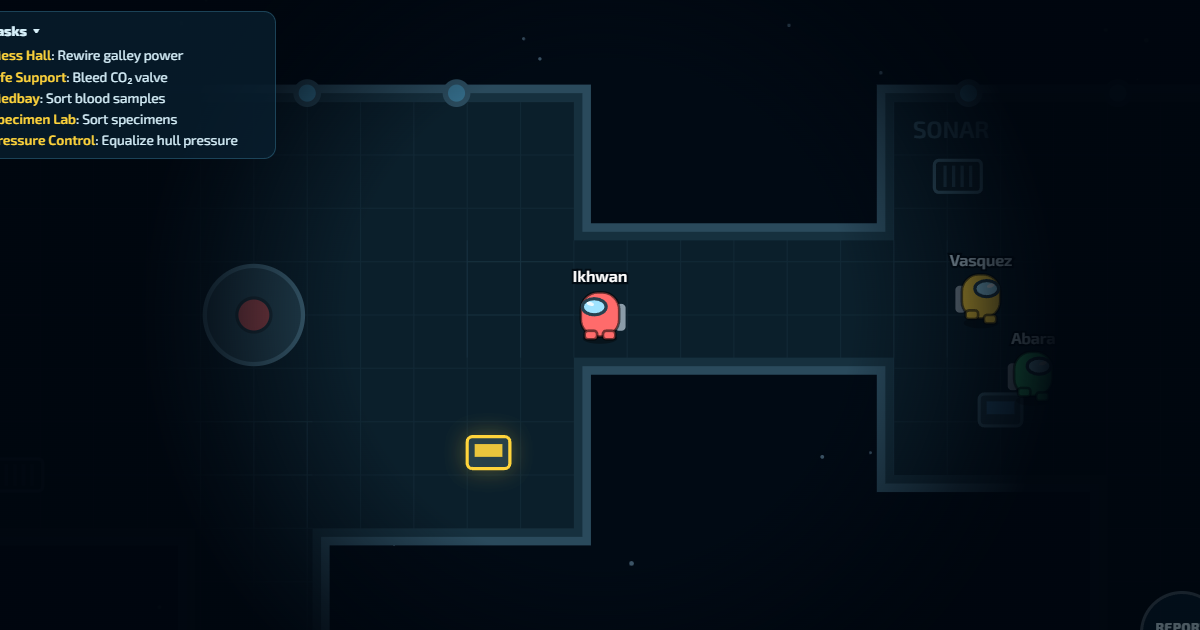 Abyss Station gameplay: a diver working a task list in a deep-sea research base corridor, with bots nearby