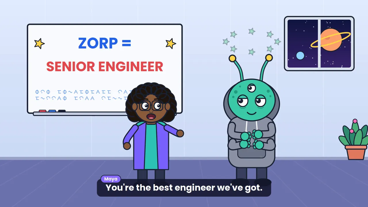 Zorp, a green alien engineer, in a still from Alien Dev: The Promotion