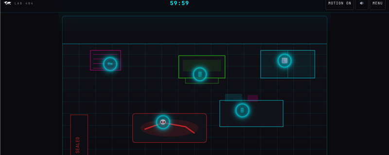 Cyberpunk Lab 404 gameplay: a top-down neon lab map with a 59:59 oxygen timer and glowing evidence hotspots