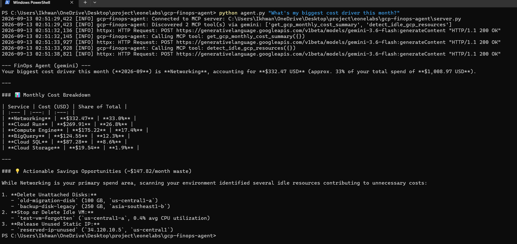 Terminal output: agent.py run for 'What's my biggest cost driver this month?', showing the agent identifying the top spending service