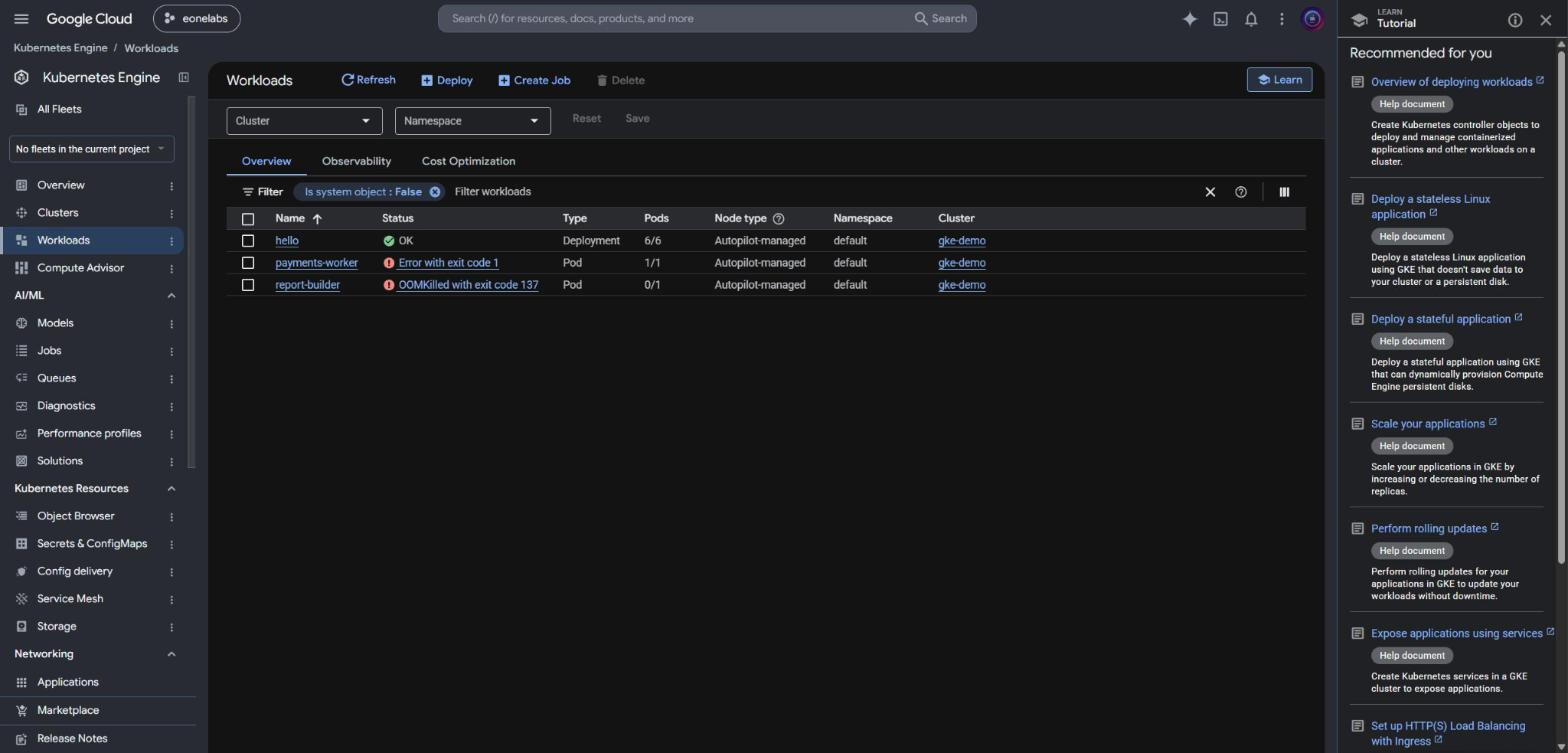Kubernetes Engine Workloads page: hello is OK with 6/6 pods, payments-worker shows Error with exit code 1, report-builder shows OOMKilled with exit code 137