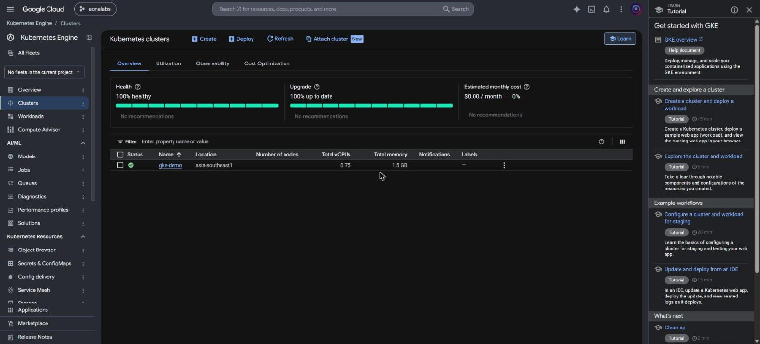 Kubernetes Engine Clusters page listing gke-demo in asia-southeast1 with 0.75 total vCPUs and 1.5 GB total memory