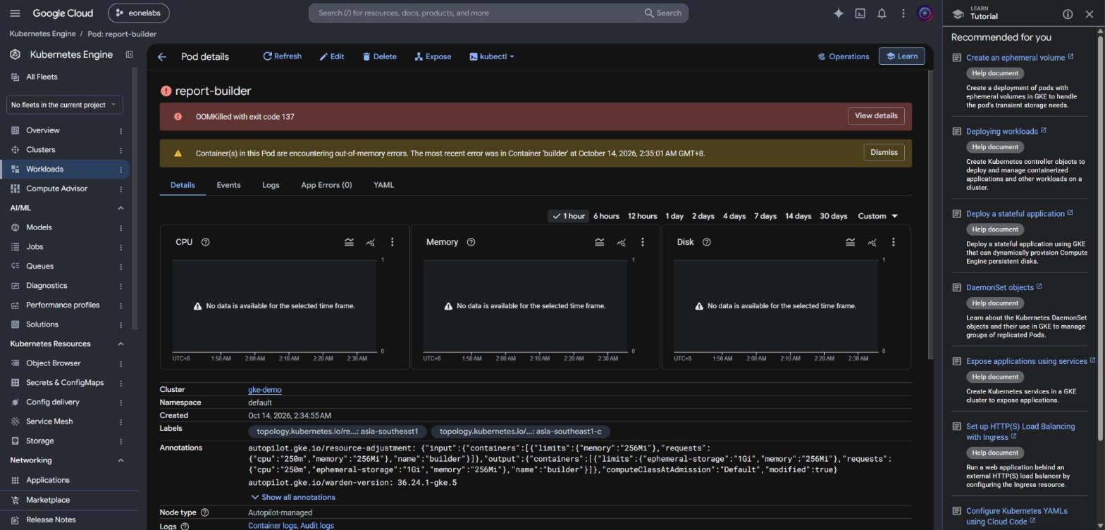 Pod details page for report-builder with a red banner: OOMKilled with exit code 137, and an out-of-memory warning