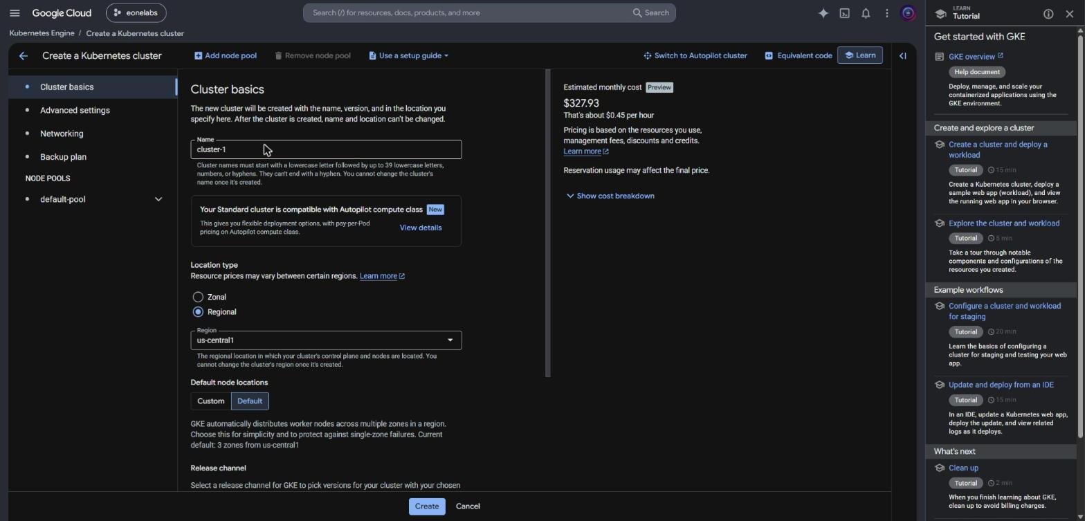 Google Cloud console create-cluster page for a default Standard cluster, showing an estimated monthly cost of $327.93