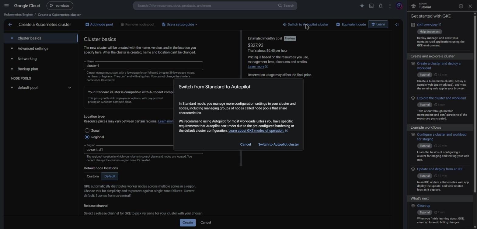 Switch from Standard to Autopilot dialog saying Google recommends Autopilot for most workloads