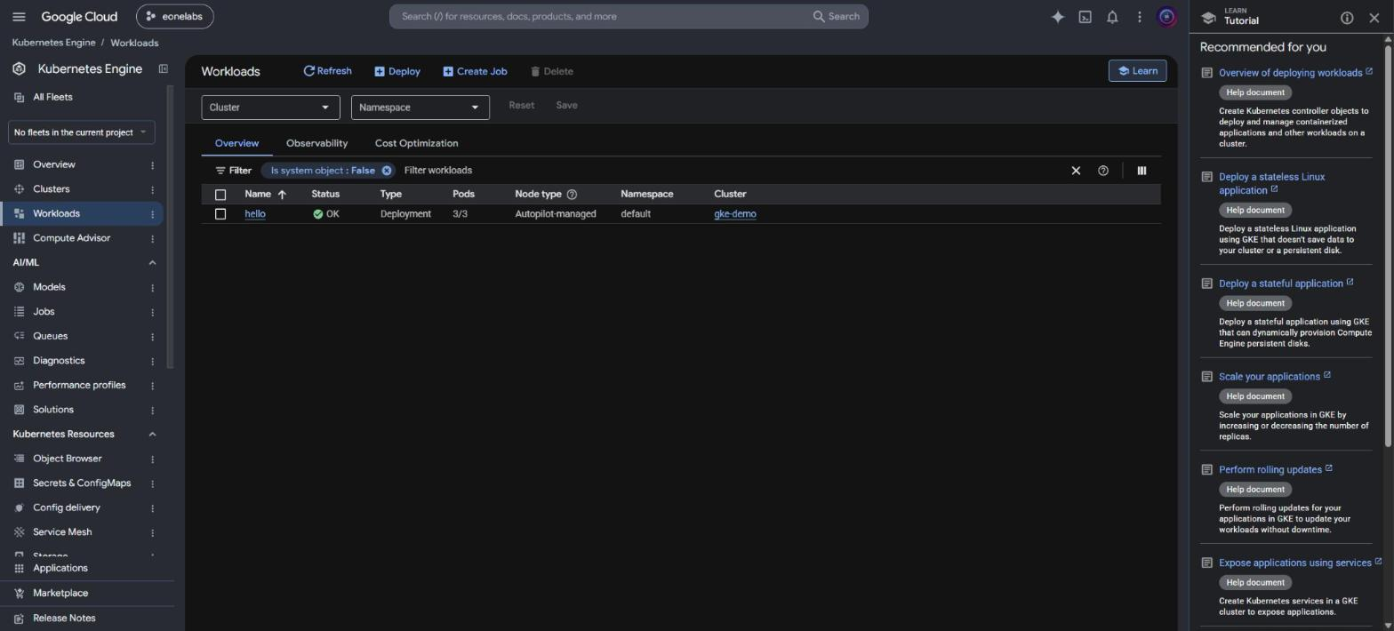 Kubernetes Engine Workloads page showing the hello Deployment, status OK, 3/3 pods, node type Autopilot-managed