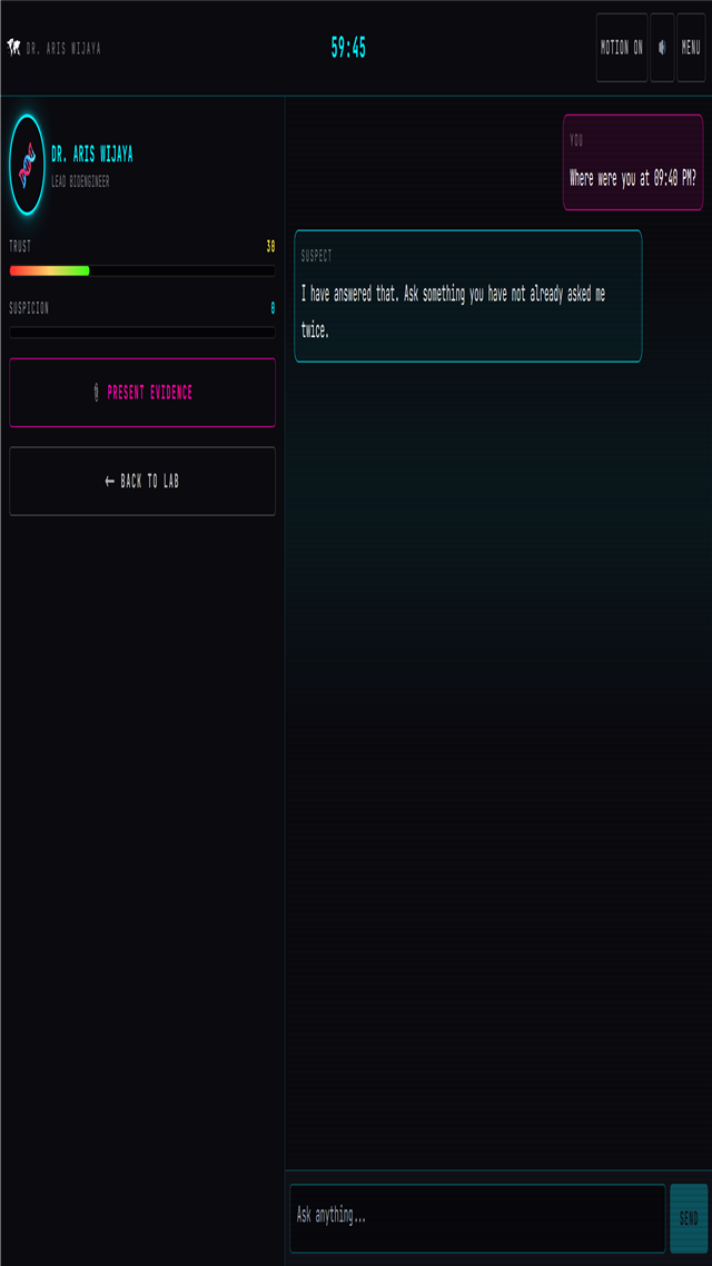 Interrogation screen with trust and suspicion meters beside a live streamed reply