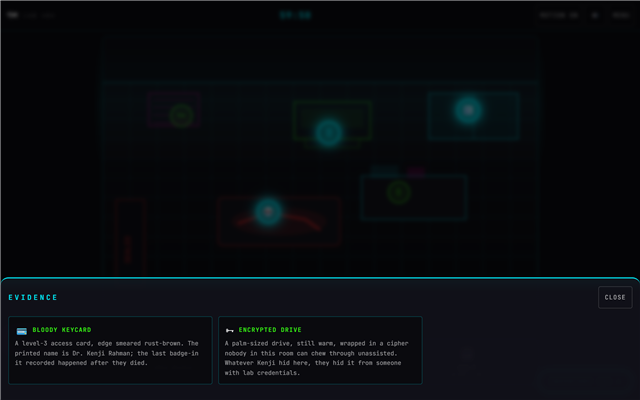 Inventory panel showing evidence descriptions