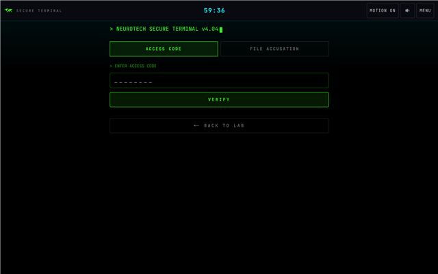 The lab terminal, gating both the airlock code and the final accusation
