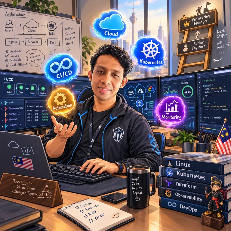 Illustration of Ikhwan at his desk: CI/CD, Jenkins, cloud and monitoring, with a ladder from Senior Engineer to Engineering Manager